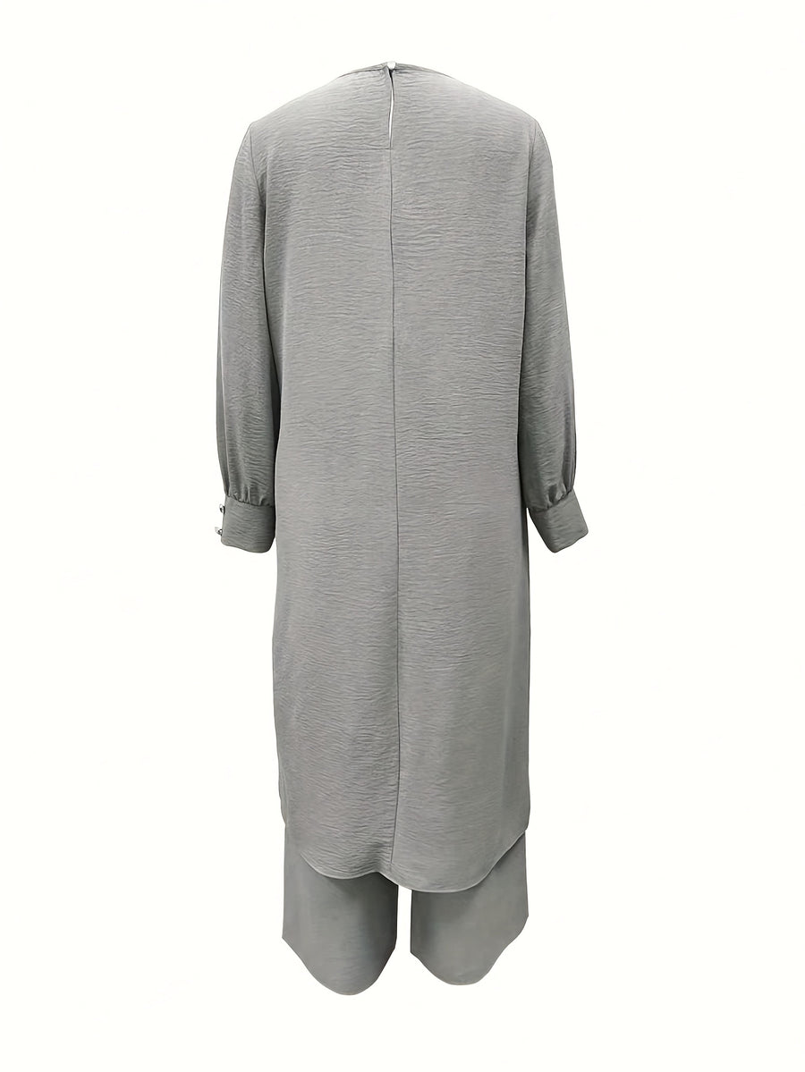 Ramadan, Women's Front-Button Long Sleeve Slit Dress & Pants Casual Arabic Style 2pcs Set, Only Clothes, Without Headscarf - Light Grey