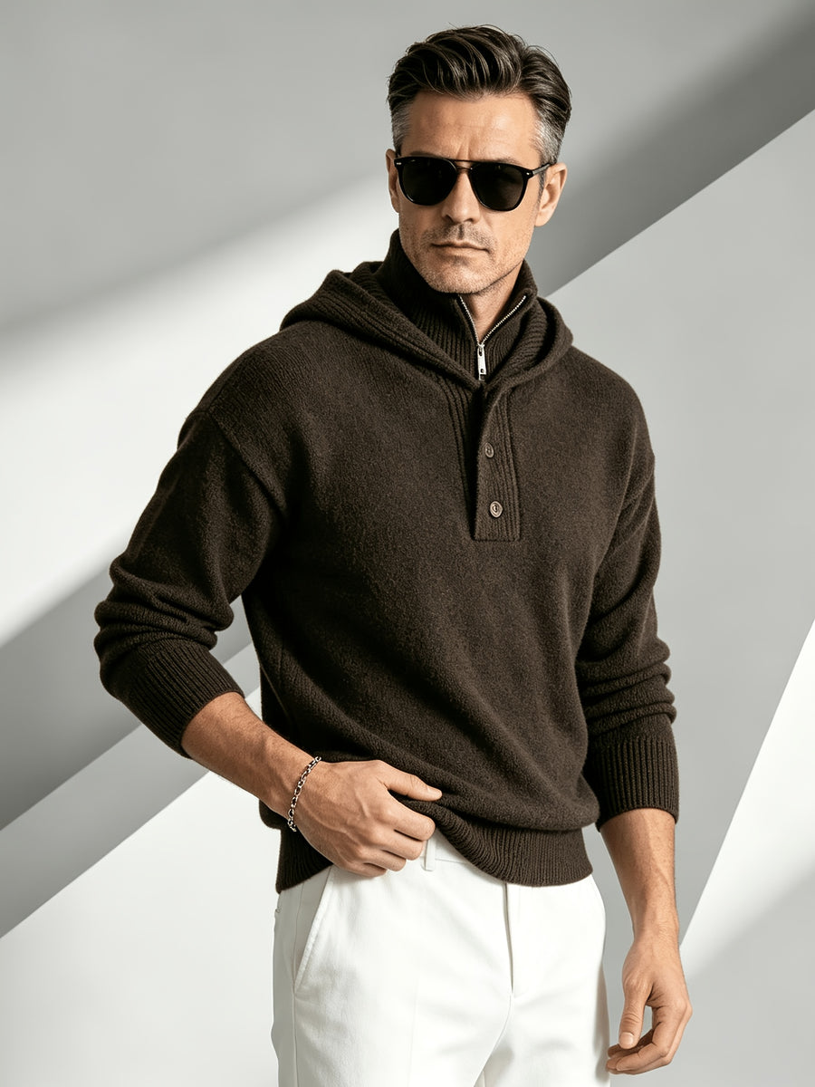 Business-casual Men's Half-zip Button-up Hooded Long-sleeve Knit Sweater, Slim-fit Soft Warm Solid-color Knit Pullover Top, Suitable for Daily, Office, and Weekend Casual Outings in Autumn and Winter - Coffee Color