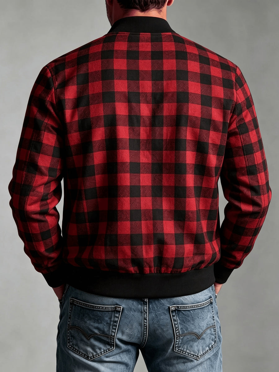 Men's Vintage Waffle Check Baseball Jacket with Zipper Front & Collar - Multi-Color Plaid Cardigan Coat (Black/White/Red/Brown/Green), Machine Washable Suitable for Commuting, Casual Streetwear Outerwear, Spring/Autumn Daily Jacket - Red-Black