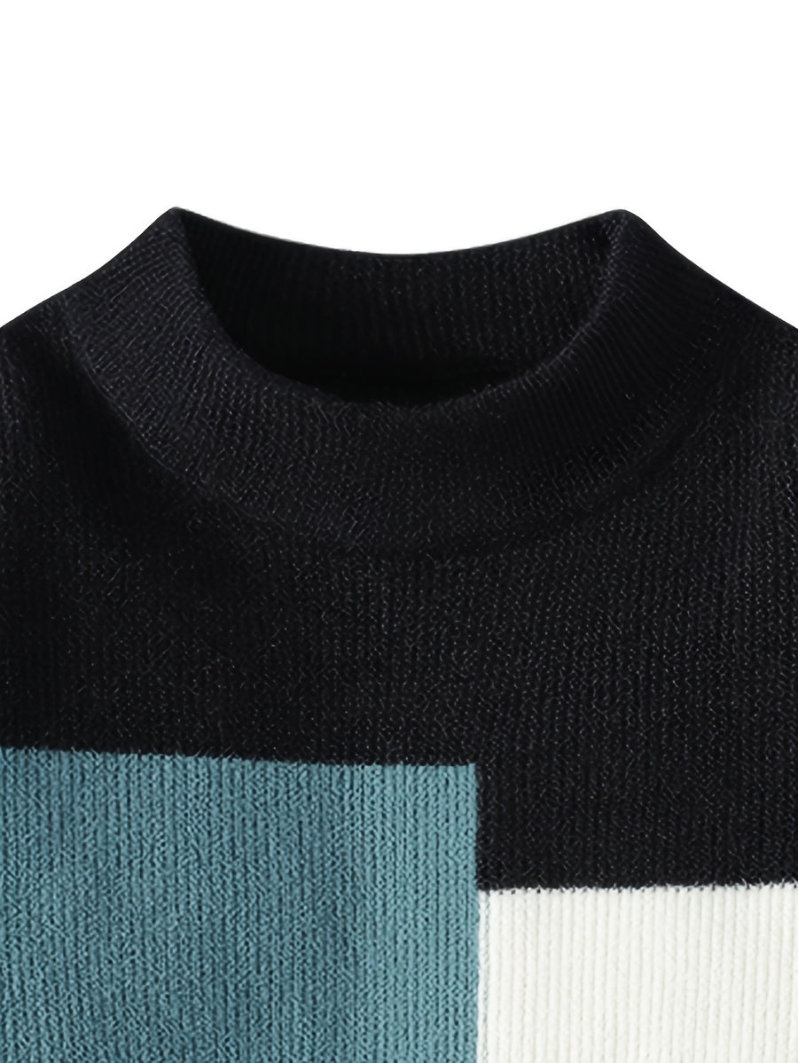 Men'S Round Neck Jacquard Sweater 2026 Autumn And Winter New Fashionable Contrasting Color Loose Thick Knitted Pullover Top - Black
