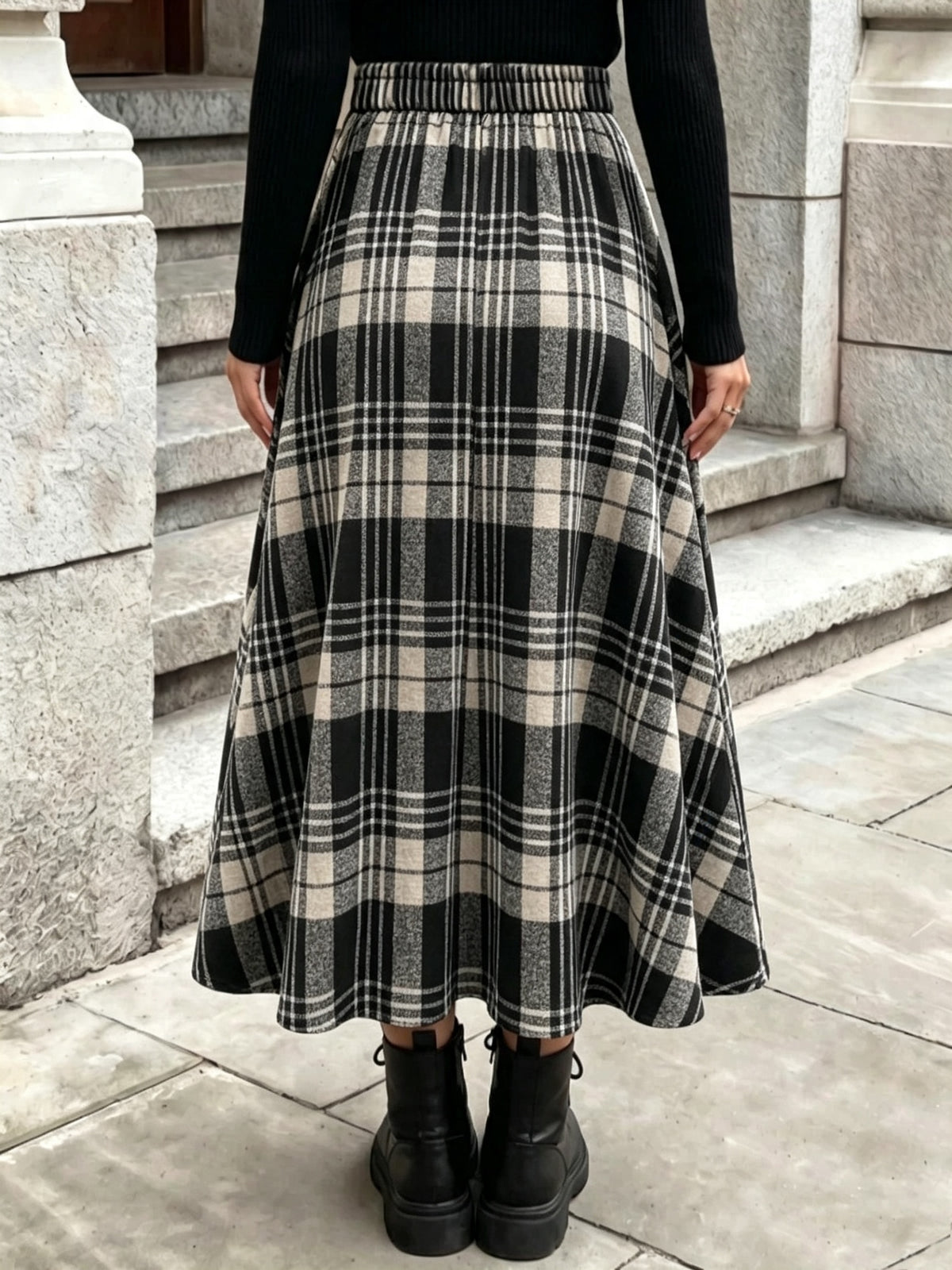 Elegant Plaid A-Line Skirt | Long Length, Flared Hem, Loose Fit For Women, Suitable For Spring/Fall Season - Khaki Black