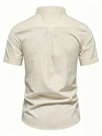 Men'S Stand-Up Collar Short Sleeve Shirt, High-Quality Solid Color Business Casual Top, Suitable for Spring Summer - Apricot