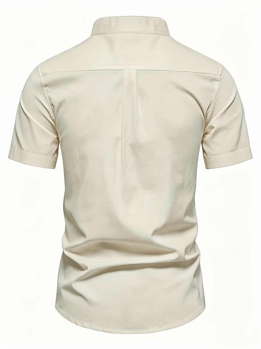 Men'S Stand-Up Collar Short Sleeve Shirt, High-Quality Solid Color Business Casual Top, Suitable for Spring Summer - Apricot