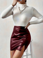Elegant Direction TU016# High-Waist Fashion Slit Faux Leather Short Skirt Autumn Winter - Burgundy