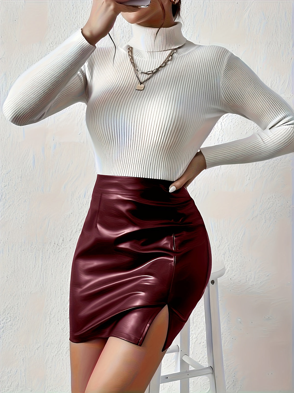 Elegant Direction TU016# High-Waist Fashion Slit Faux Leather Short Skirt Autumn Winter - Burgundy