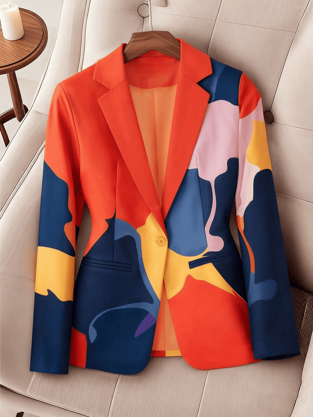Women'S Abstract Color-Block Blazer, Single-Button Irregular Lapel Design, with Long Sleeves, Slim Fit, Suitable for Office Commute Or Casual Wear - Orange Red