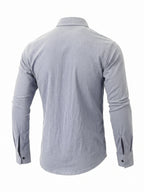 Men's Linen Guayabera Shirt with Lapel Collar & Button Front Panel - Accordion Pleat Chest Texture, Long Sleeve Button-Front Closure Suitable for Beach, Casual, -Casual Wear, Year-Round Versatile Formal & Everyday Button-Up Shirt - Light Grey