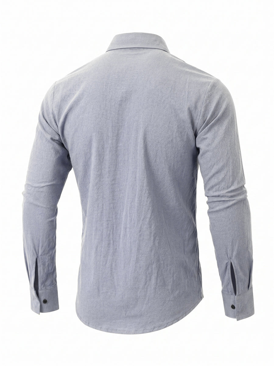 Men's Linen Guayabera Shirt with Lapel Collar & Button Front Panel - Accordion Pleat Chest Texture, Long Sleeve Button-Front Closure Suitable for Beach, Casual, -Casual Wear, Year-Round Versatile Formal & Everyday Button-Up Shirt - Light Grey