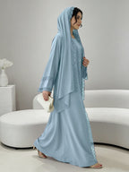 [Size UP for Regular Fit] Women's Spring/Summer Elegant Lace Patchwork Robe Dress 2pcs Set, Women's Elegant Outfit - Sky Blue