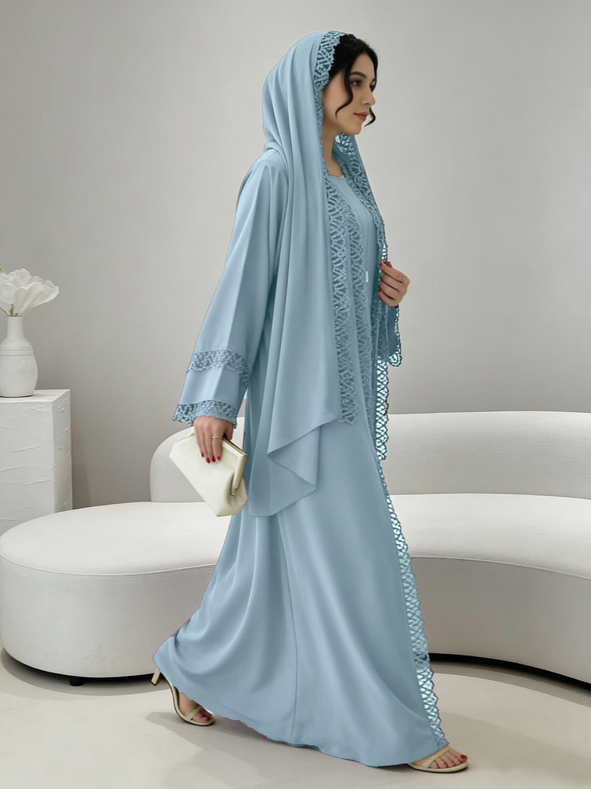[Size UP for Regular Fit] Women's Spring/Summer Elegant Lace Patchwork Robe Dress 2pcs Set, Women's Elegant Outfit - Sky Blue