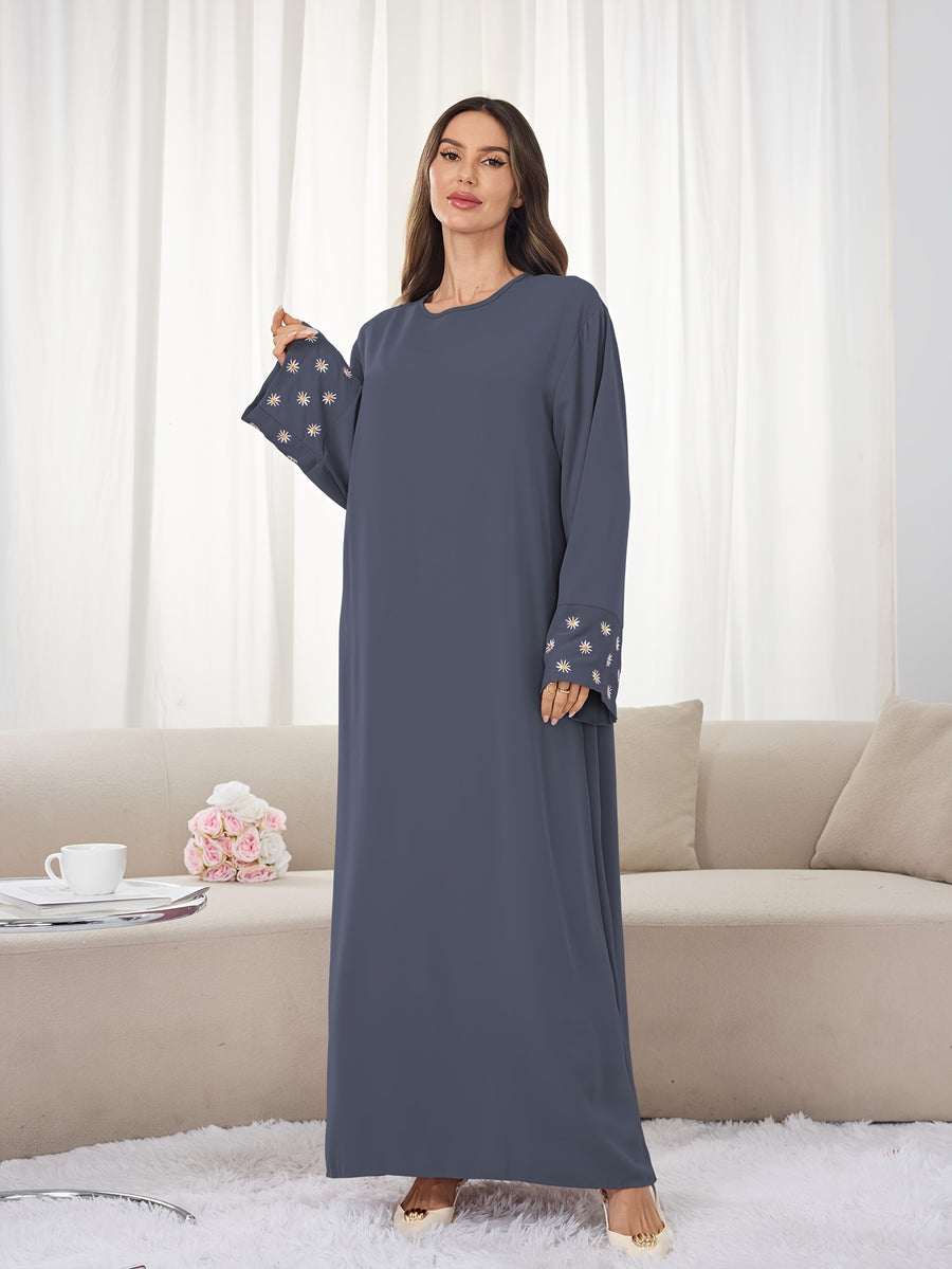 1pc (Headscarf Not Included) Elegant Cute Cuffed Small Daisy Embroidery Dress, Fashionable, Elegant, And Casual Abaya Dress with Embroidered Small Chrysanthemums at The Cuffs, No Scarf, Solid Color, Suitable for Daily Wear - Dark Gray