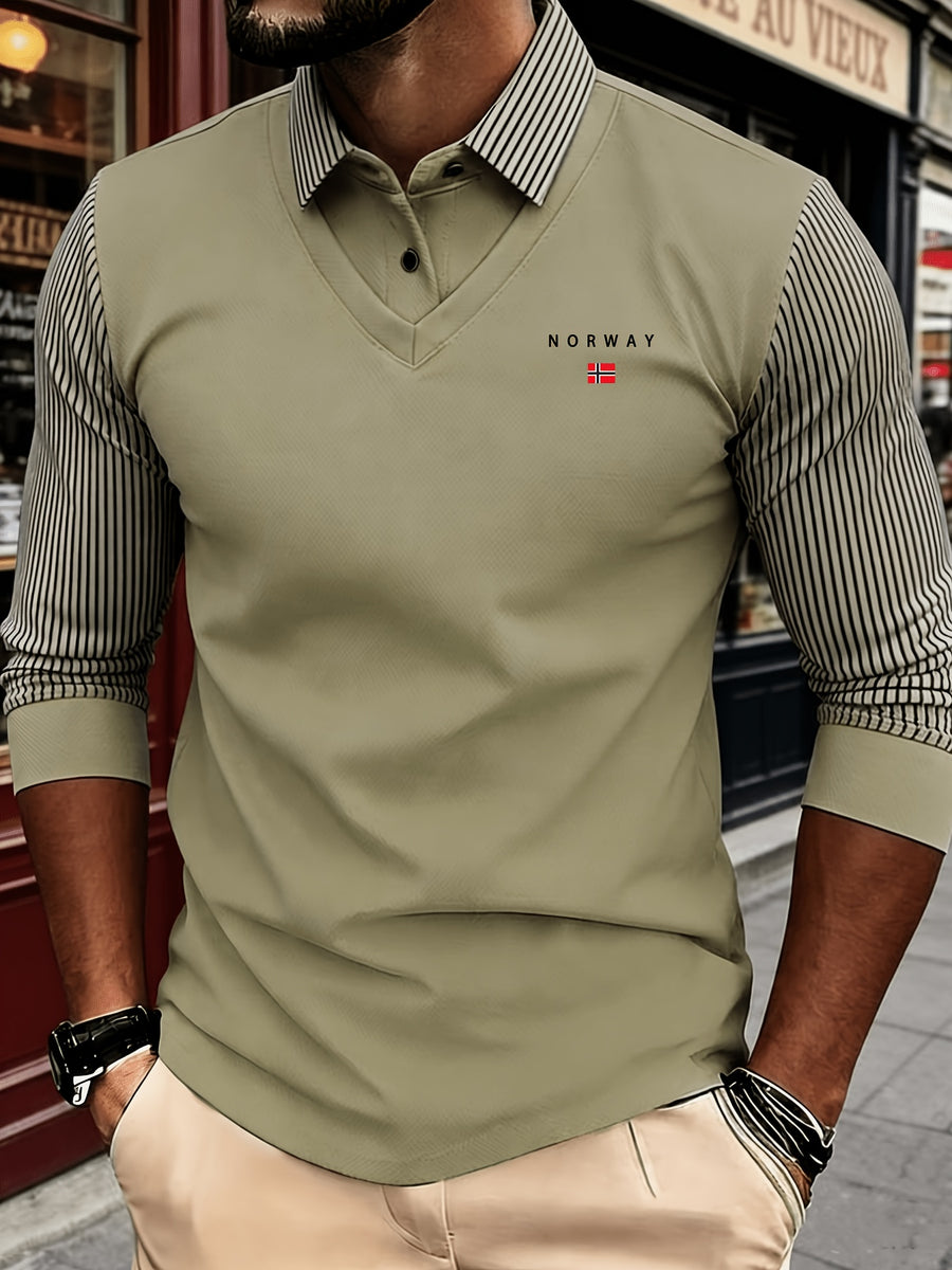 Men's New All-Season Knitwear Classic Lapel Long Sleeve 2-in-1 Look Polo Shirt, Featuring a Stylish and Minimalist Geometric Print Stripe Design, with a Color-blocked Collar and Layered Shirt Style. Made from Skin-friendly, Breathable, and Soft - NW Khaki