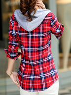 Spring and Autumn Fashion Plaid Hooded Shirt - Red