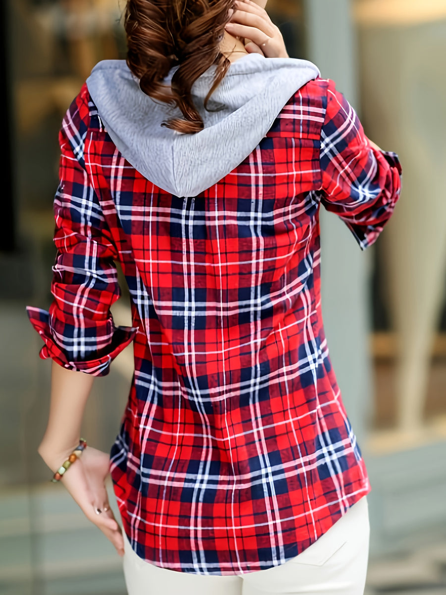 Spring and Autumn Fashion Plaid Hooded Shirt - Red