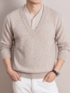 Autumn/Winter Men's 2-in-1 Look V-Neck Knitwear with Contrast Button Design, Warm Pullover Sweater - Apricot