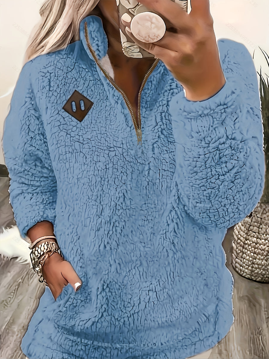 Women's Casual Fashion Pullover Zip-Up Long Sleeve Top - Peacock Blue