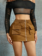 Ladies' Versatile Workwear Skirt with Detachable Short Skirt, Offering Multiple Styles And Options for a Long Skirt - Coffee Brown