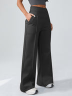 Spring And Autumn Women'S Casual Versatile Wide-Leg Pants (2 Pockets) High-Waisted Elastic Waist Design Straight-Leg Long Pants Breathable Loose Daily Commute Outerwear Comfortable Women'S Pants - Black