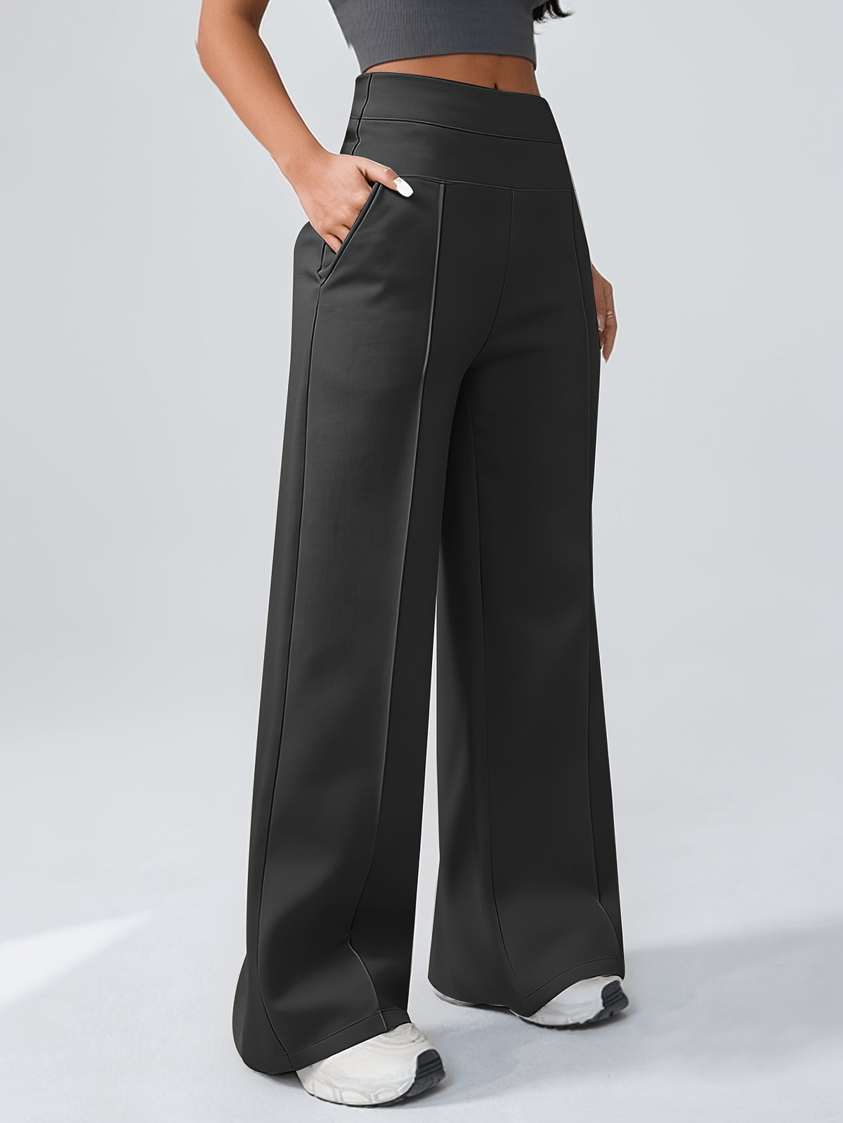 Spring And Autumn Women'S Casual Versatile Wide-Leg Pants (2 Pockets) High-Waisted Elastic Waist Design Straight-Leg Long Pants Breathable Loose Daily Commute Outerwear Comfortable Women'S Pants - Black