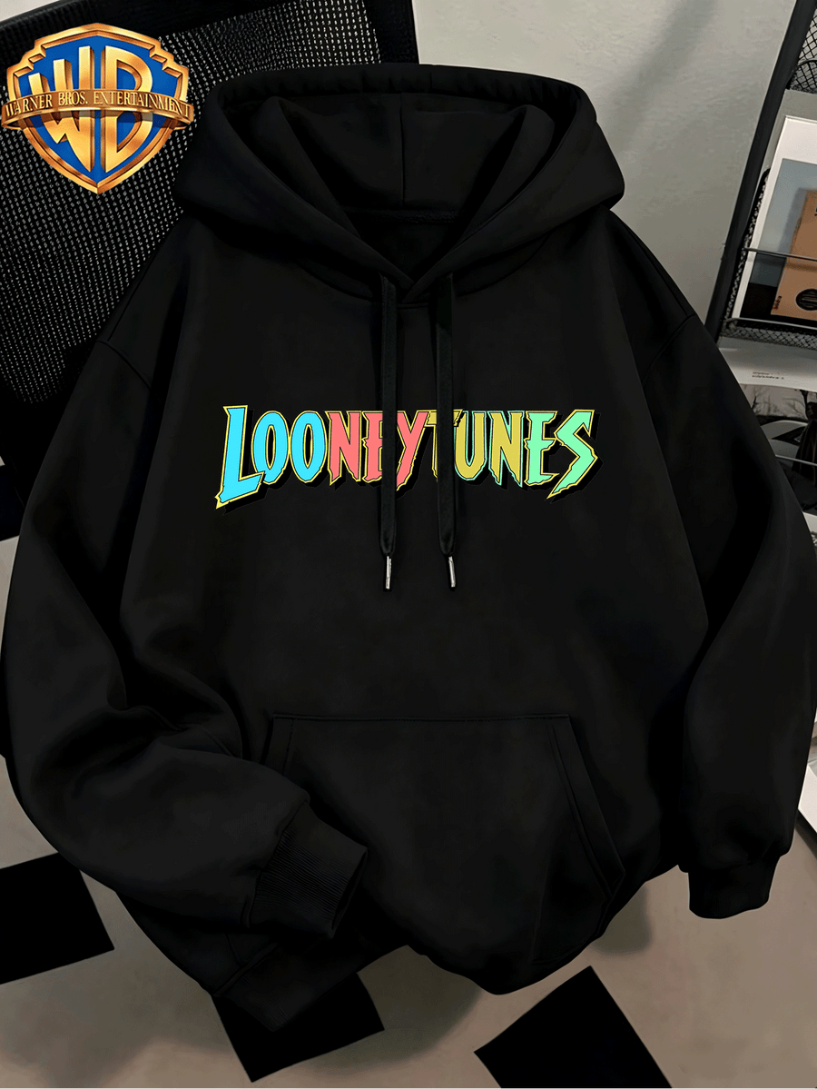 WB Men's. Official Licensed Hooded Sweater Hoodie - & Eight Treasure Tea Print, Loose Fit Pullover Pocket Hood, Machine Washable Sweater Suitable for Autumn Winter Casual Wear, Daily Outfits - Black