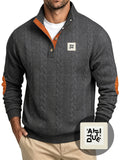 Men'S Casual Long Sleeve Knit Sweater, Textured Cable And Diamond Pattern, Stand Collar with Button Placket, Contrast Elbow Patch Details, Ribbed Cuffs And Hem, Ideal for Fall Winter Work, Travel, Golf And Daily Wear - Dark Gray