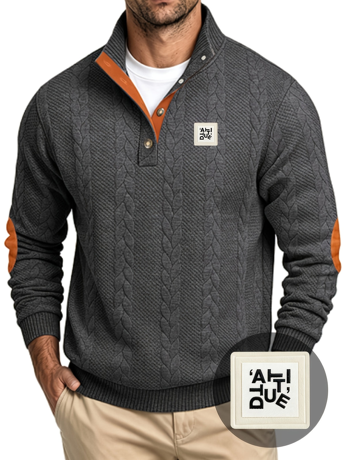 Men'S Casual Long Sleeve Knit Sweater, Textured Cable And Diamond Pattern, Stand Collar with Button Placket, Contrast Elbow Patch Details, Ribbed Cuffs And Hem, Ideal for Fall Winter Work, Travel, Golf And Daily Wear - Dark Gray