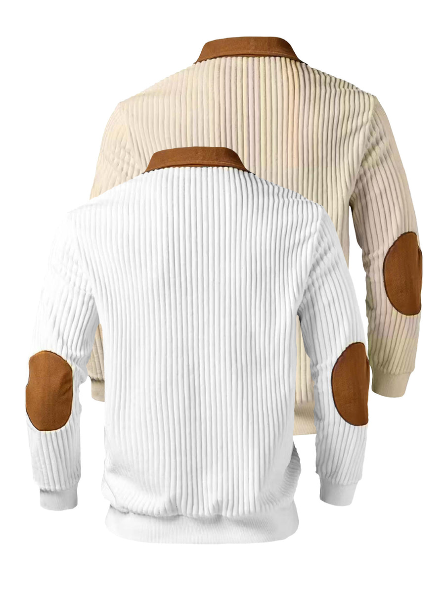 Christmas Men's Gift 2pcs Set: Men's Casual High-Turning-Head Ribbed Half-Zip Stand Collar Pullover - Color-Block Long Sleeve Pullover with Contrasting Color Design, Versatile for Daily Wear, Casual and Sporty Layering Style, Multiple Pieces - Apricot+White
