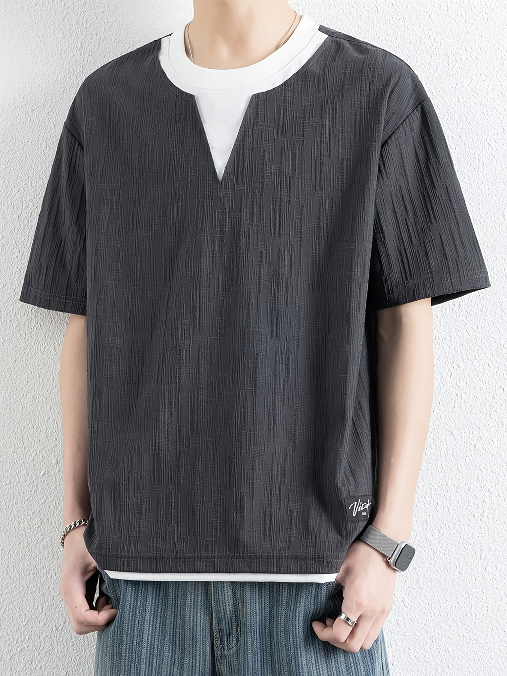 American Faux Two-Piece V-Neck Short Sleeve T-Shirt for Men, Spring Summer All-Match Trendy Couple Wear Loose Casual Short Sleeve Inner Layer, Casual Round Neck with Appropriate Neckline for Inner And Outer Wear - Grey