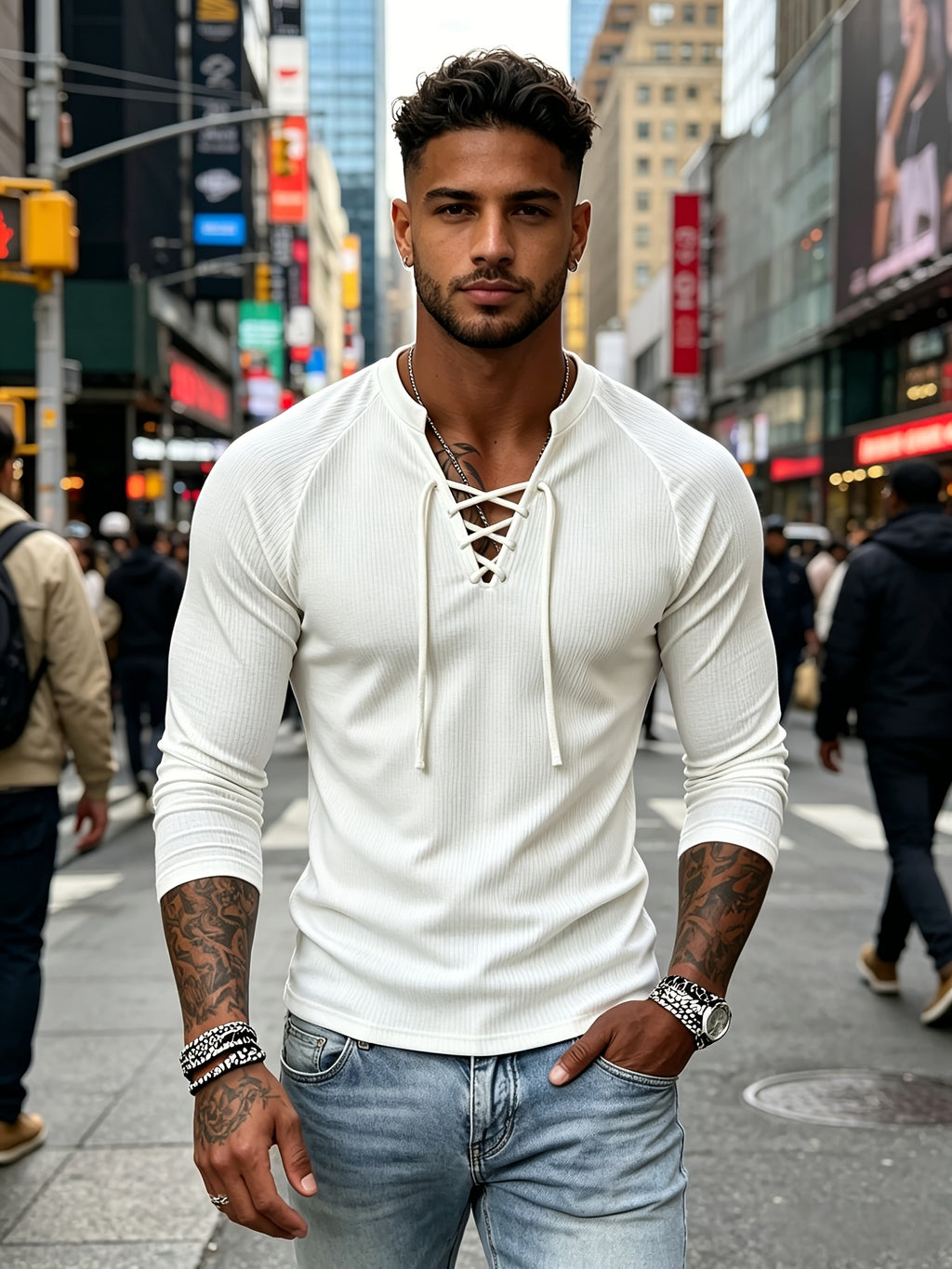Men'S 2pcs Cross-Lace V-Neck Henley Shirt Long Sleeve T-Shirt Interlock Ribbed Elastic Skin-Friendly Breathable Fabric Off-Shoulder Slim Fit Slimming Top - Light White+Grey