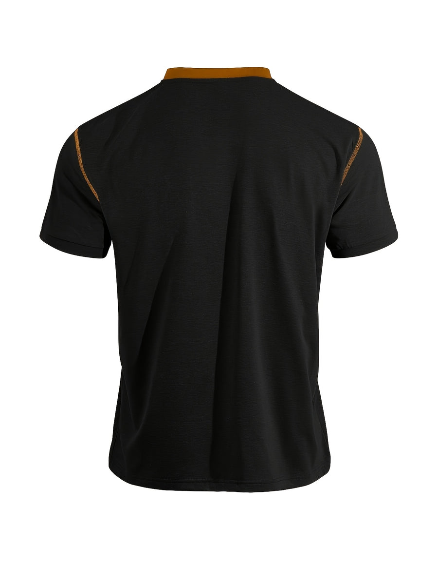 Men'S Spring Summer New Light Luxury Color-Block Henley Collar Short Sleeve T-Shirt, Half-Button 3-Button American Retro Top, High-Stretch Soft And Skin-Friendly Fabric, Breathable And Comfortable - Black