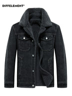 Men's Lapel Fleece-Lined Denim Jacket, Thickened for Locking in Heat and Cold Resistance, Washed and Wear-Resistant Denim Woven Fabric, Regular Vintage Workwear Fit, Autumn/Winter Streetwear, Motorcycle, Commuting, and Daily Wear, Full Lining - Deep Grey