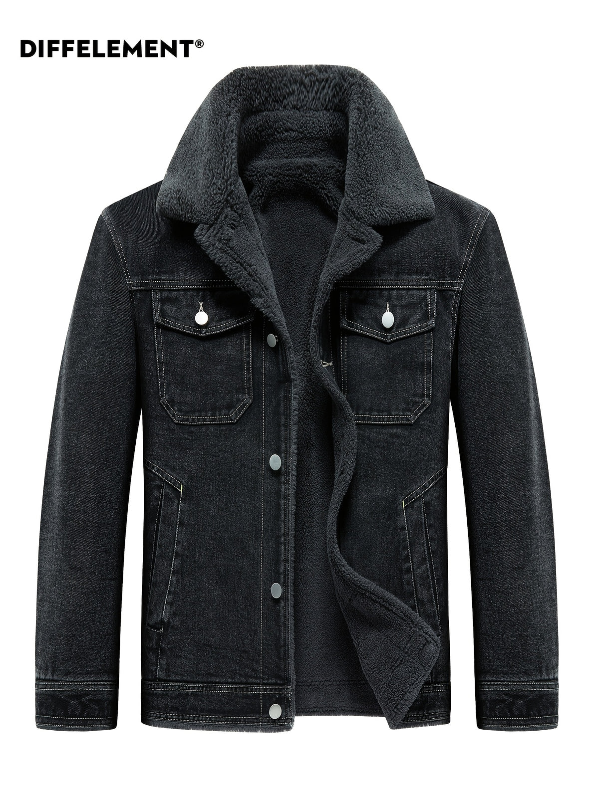 Men's Lapel Fleece-Lined Denim Jacket, Thickened for Locking in Heat and Cold Resistance, Washed and Wear-Resistant Denim Woven Fabric, Regular Vintage Workwear Fit, Autumn/Winter Streetwear, Motorcycle, Commuting, and Daily Wear, Full Lining - Deep Grey