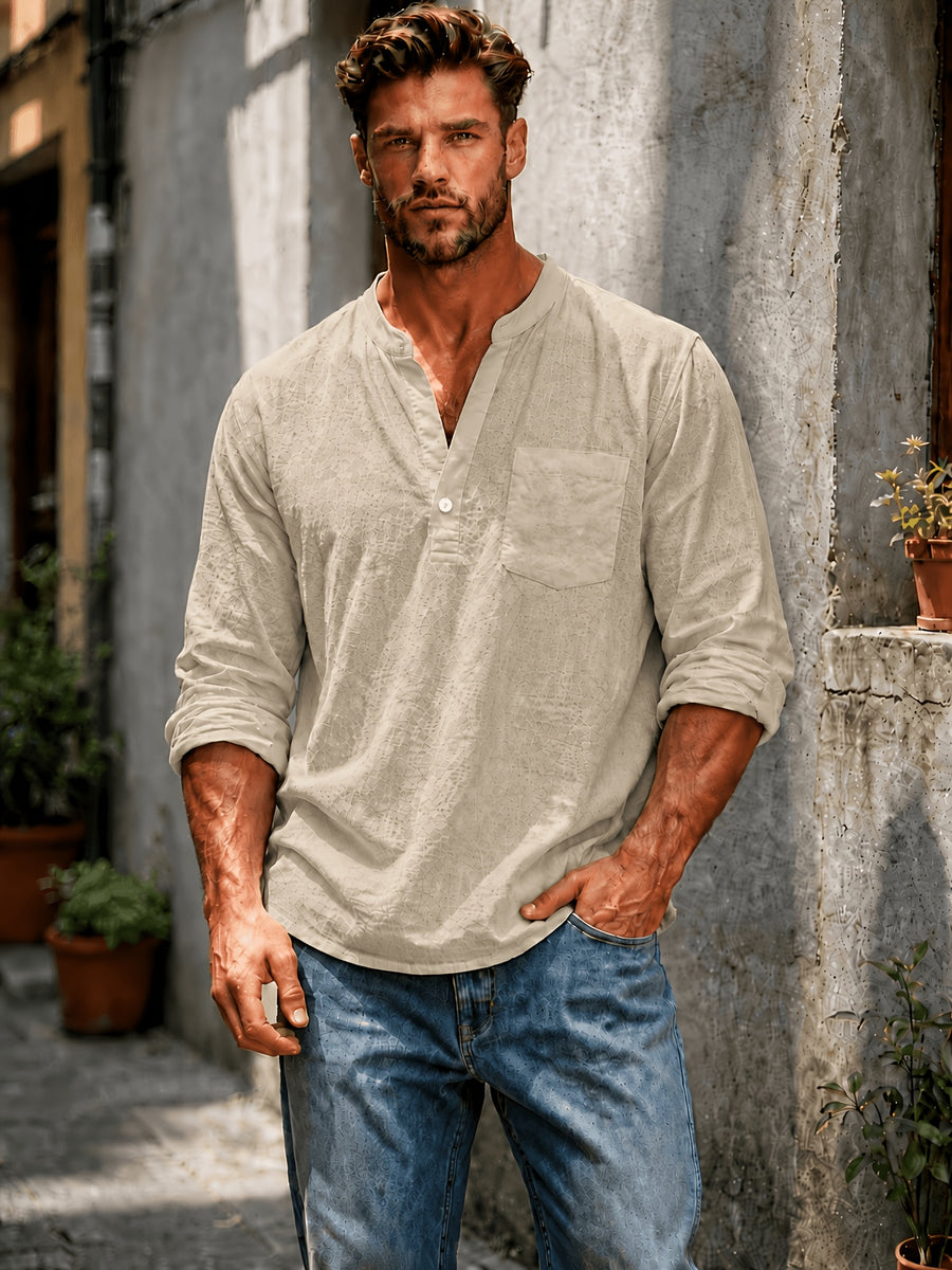 Men'S Textured Henley Shirt, Long Sleeve Casual Pullover with Stand Collar, Button Placket And Chest Pocket, Lightweight Relaxed Fit Top for Beach Vacation, Resort Travel, Weekend, Outdoor Leisure, And Daily Streetwear - Khaki