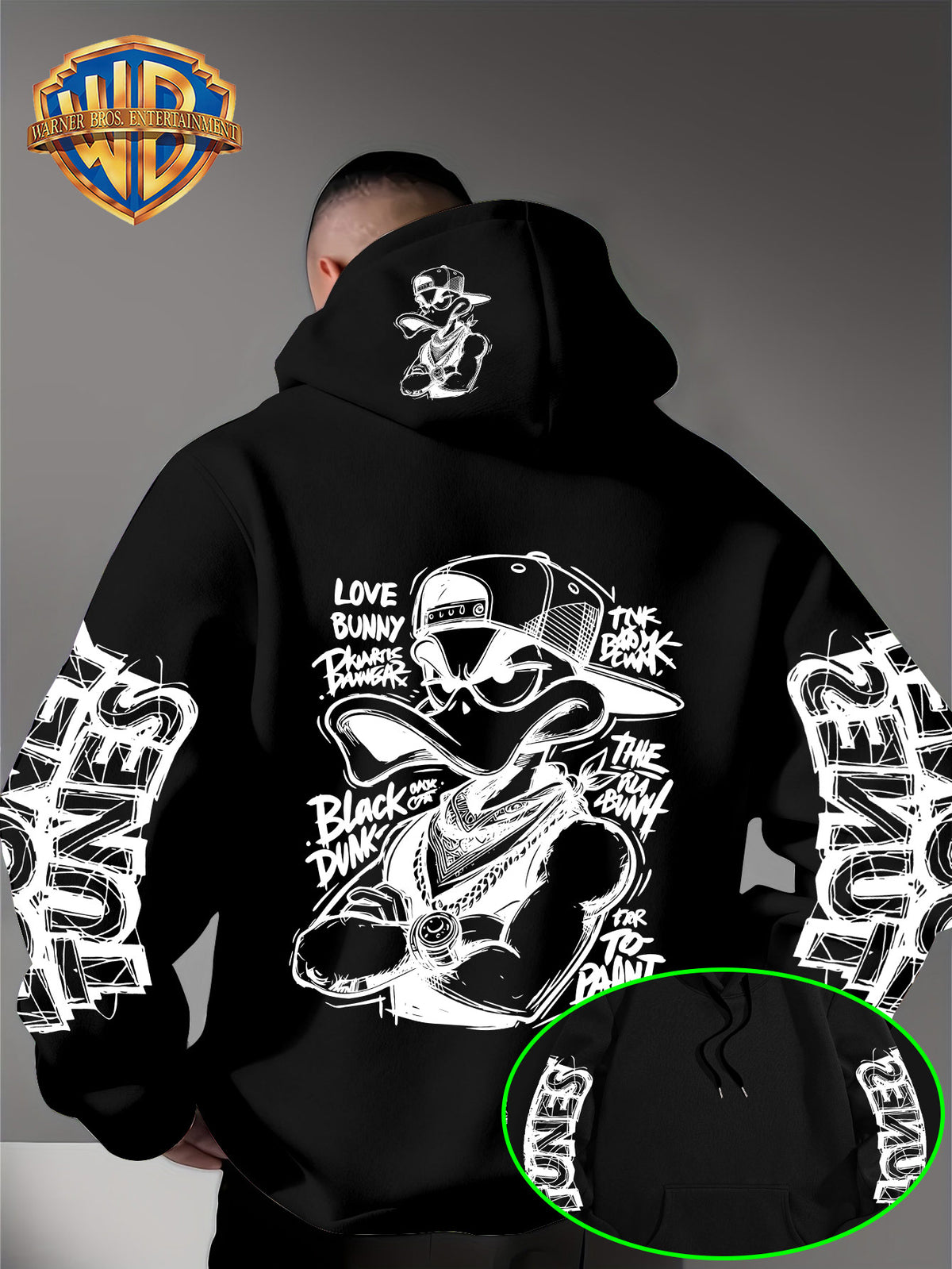 Dark Duffy Duck Pattern Print - Men'S Fashion Hoodie Sweatshirt, Trendy Sleeve Print Design, Suitable for Multi-Style Daily Wear Pullover, Soft And Delicate Touch, Helping You Be Comfortable And Stylish, Easily Mastered for Campus, Commuting - Black