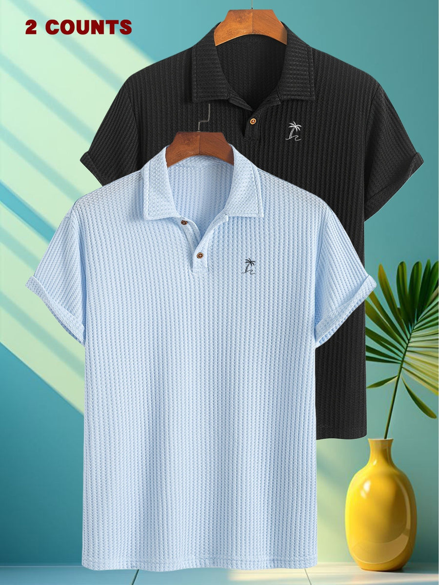 FM723 Palm Tree Print 2pcs Summer Men'S Textured Jacquard Short-Sleeved POLO Shirt Comfortable Casual Soft Knitted Lapel Daily Business Top Gift - Sky Blue + Black