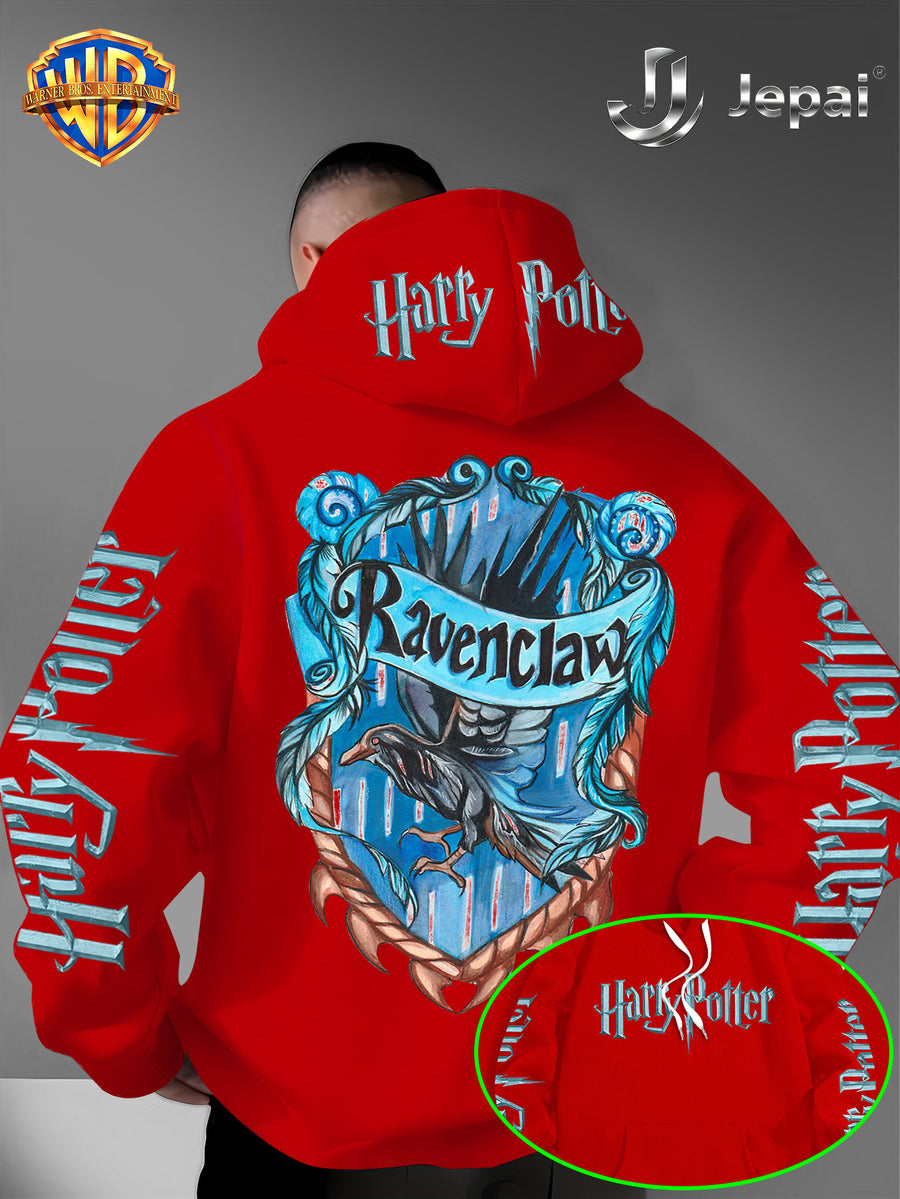 Warner Bros. Official, Trendy Cool American Street Style Harry Potter Badge Print Hooded Sweatshirt, Unisex American Street Style Long-Sleeve Top, Suitable for Daily and Outdoor Activities, an Excellent Warm Outerwear Choice for Autumn and Winter! - Red