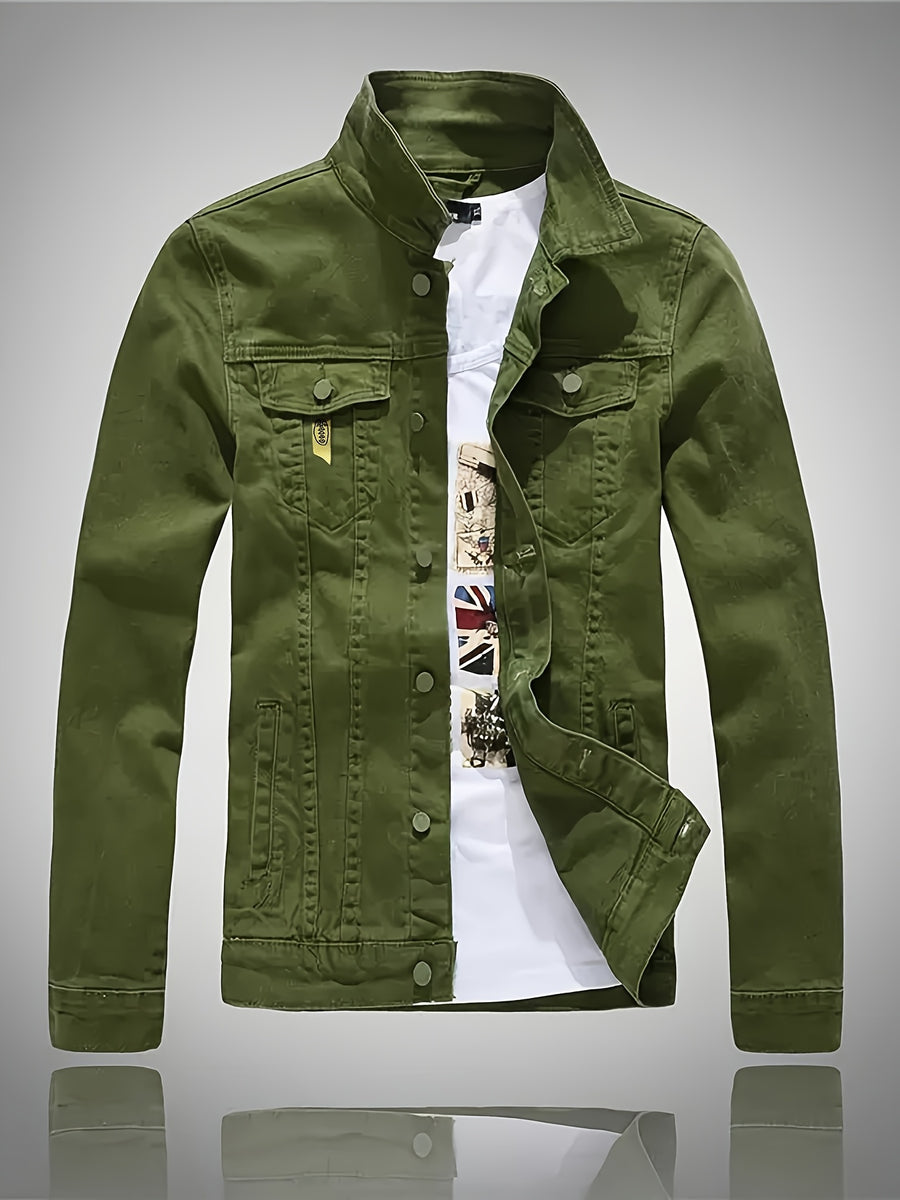 Men'S Denim Jacket, Trendy Men'S Long Sleeve Denim Jacket, Men'S Washed Denim Jacket, Casual Denim Jacket - fern green