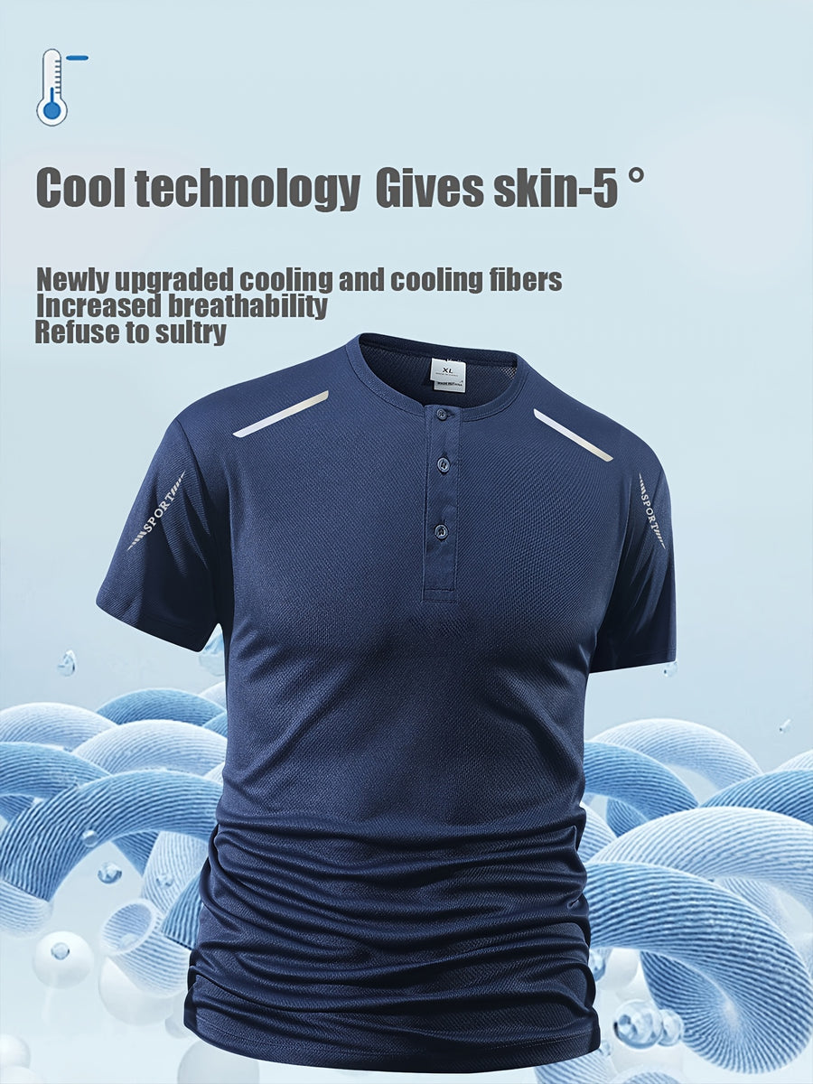 Men's Solid Color Henry Shirt, Breathable Basic T-shirt, Regular Button up Henry Collar Top, Retro Style Pullover, a Great Gift for Daily Commuting Wear. - Navy Color