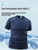 Men's Solid Color Henry Shirt, Breathable Basic T-shirt, Regular Button up Henry Collar Top, Retro Style Pullover, a Great Gift for Daily Commuting Wear. - Navy Color