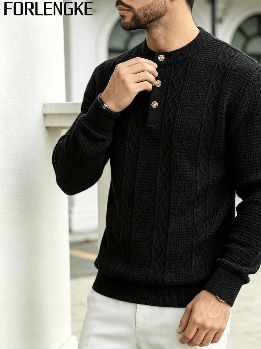 FORLENGKE Men Business Casual Henley Collar Cable Knit Sweater, Soft Warm Long Sleeve Pullover Tops for Autumn Winter Office Daily Wear - Black