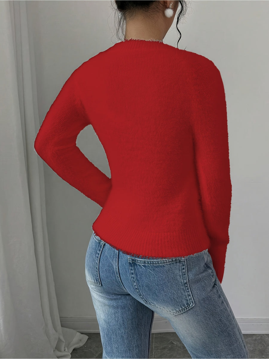 Elegant Women'S Autumn Winter Round Neck Faux Fox Pullover - Red