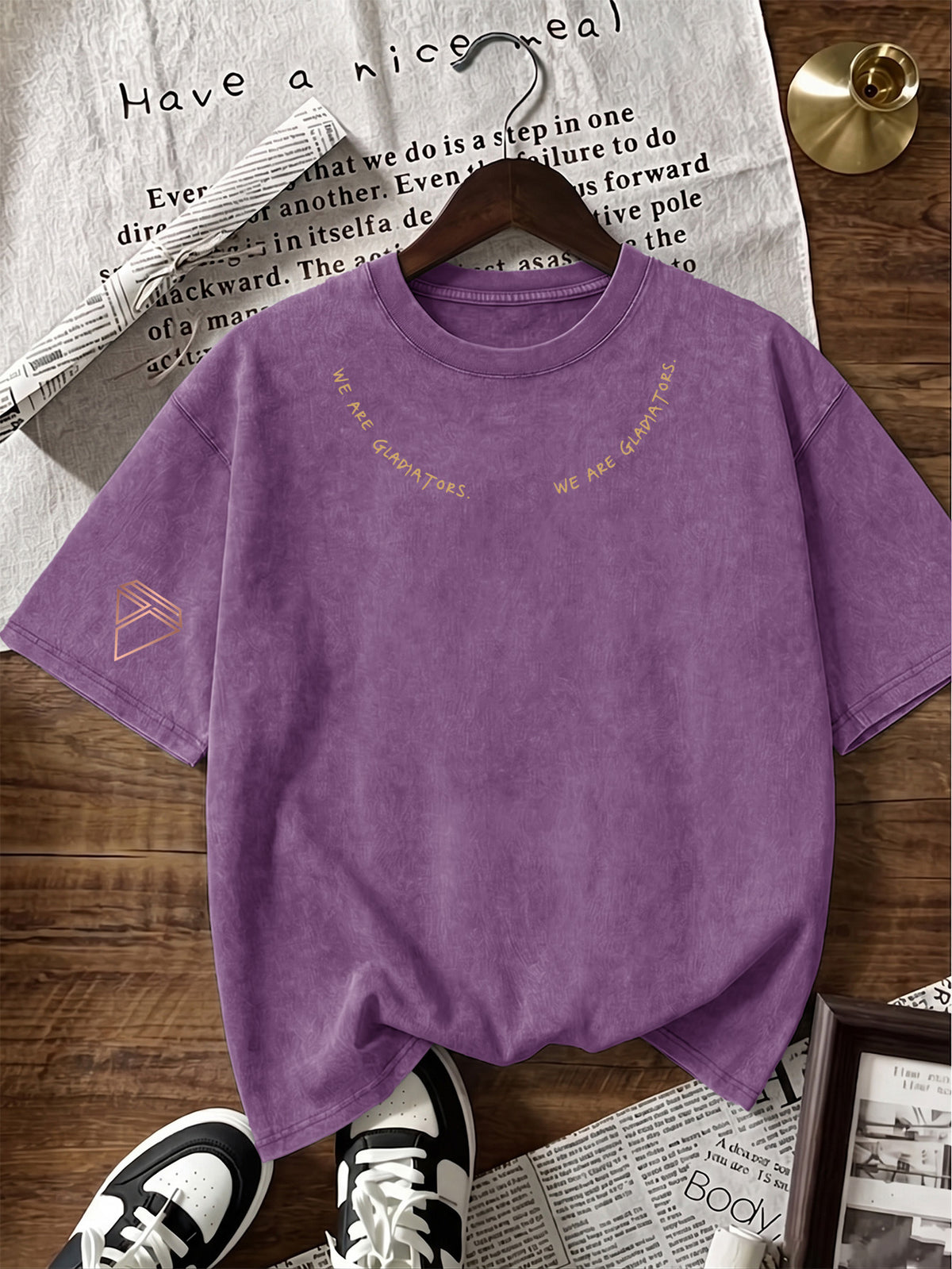 Short Sleeve T-Shirt Men'S Loose Washed Distressed Top Arched Text Triangle Geometric Trendy Print Multi-Color Casual Matching American Street High Street Hip-Hop Couple Style Short Sleeve Daily Outing Commuting Sports Fitness Street Style Y2K Top - Purple
