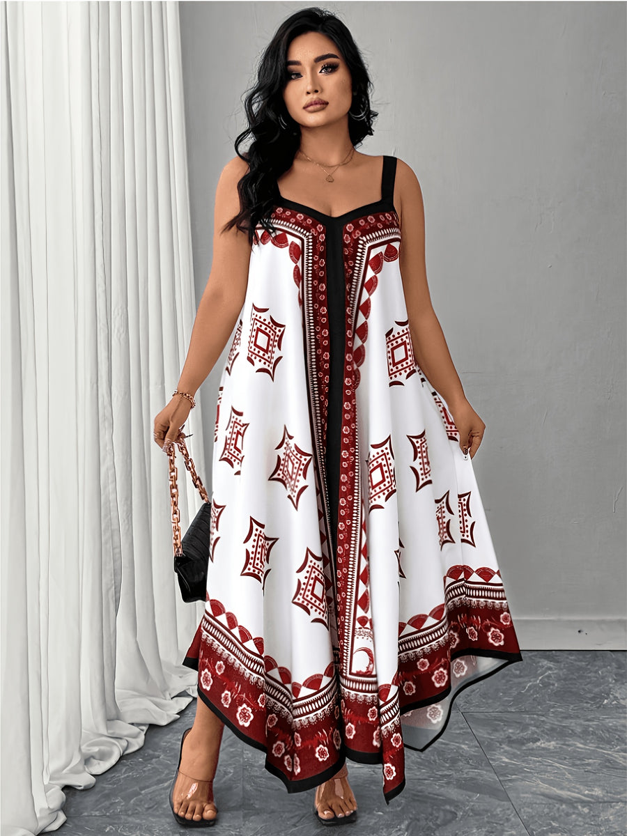 Plus Size, Plus-size Women's Bohemian Print Maxi Dress, Sleeveless Spaghetti Strap A-Line Dress, Geometric Pattern, Casual Loose and Flowy Summer Beach Dress, Irregular Hem Design, Blue and White Ethnic Print Maxi Dress - Brick Red