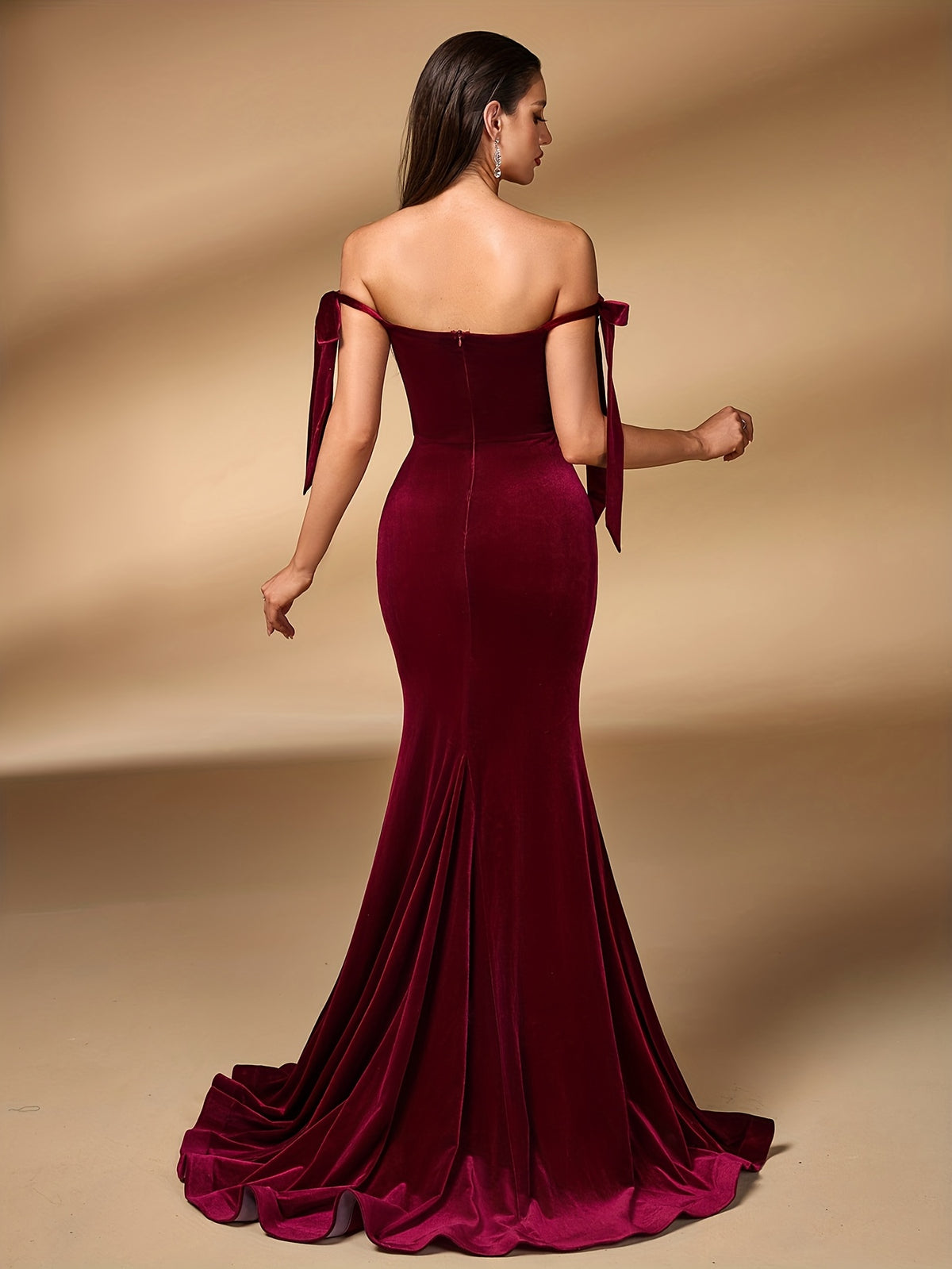 Women'S Elegant Off-The-Shoulder Wedding Bridesmaid Evening Party Dress - Burgundy