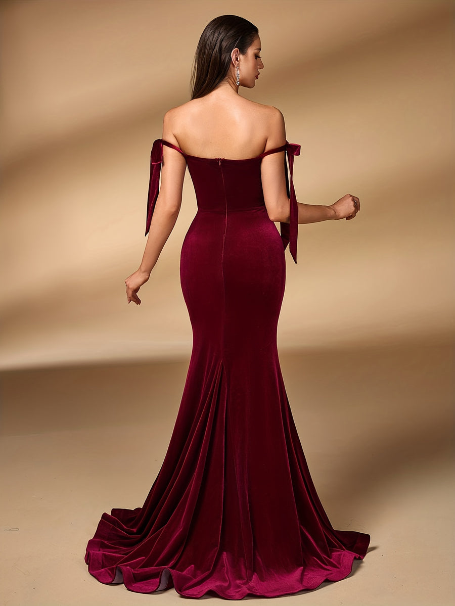 Women'S Elegant Off-The-Shoulder Wedding Bridesmaid Evening Party Dress - Burgundy