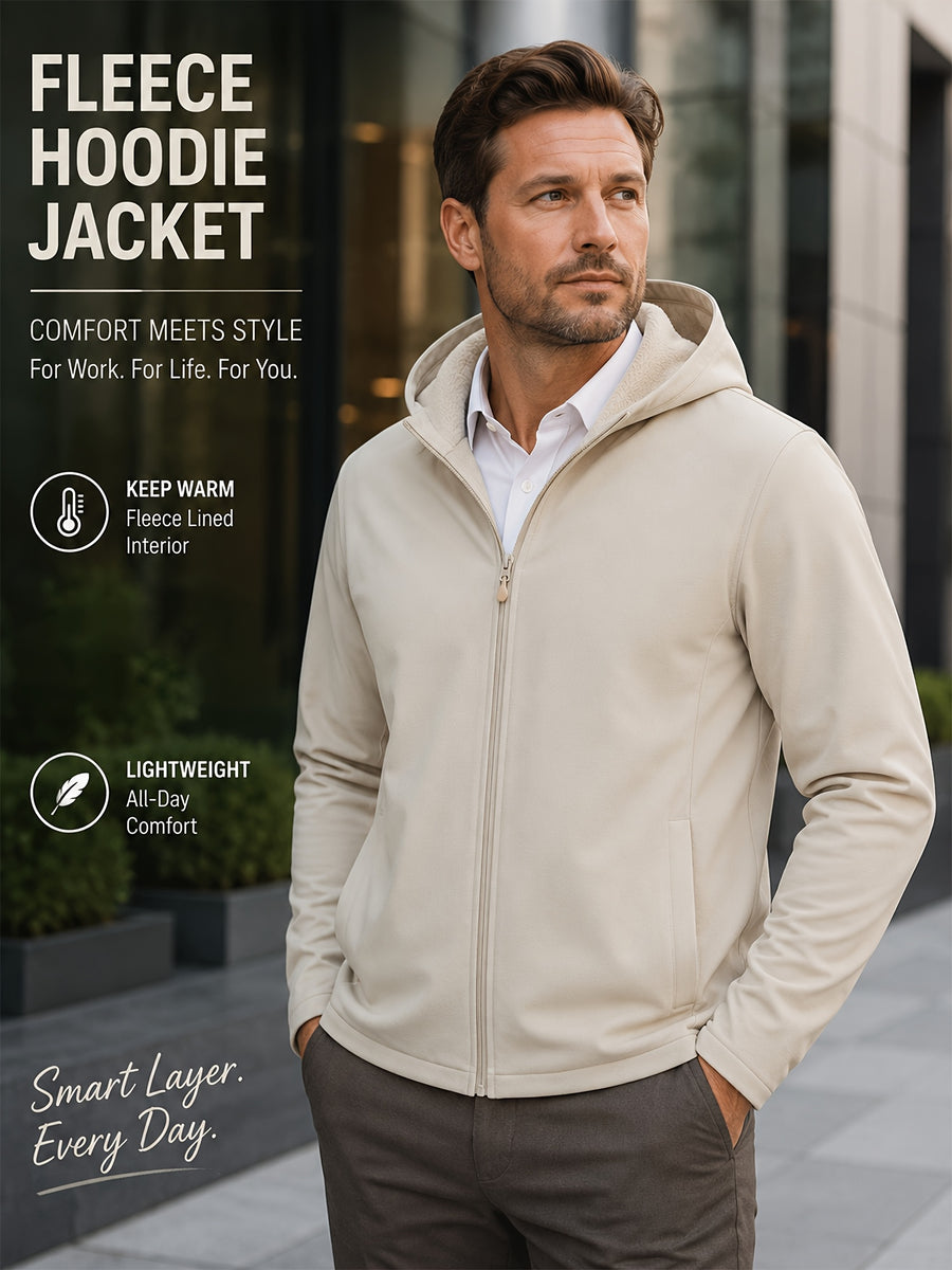 Men's Full-Zip -Lined Hooded Jacket, Lightweight Warm Softshell Outerwear, Men's Fashion Hoodie, Loose and Stretchy, Business Casual Outdoor Hoodie, Thermoregulating Top, Suitable for Office, Commuting, Travel, and Daily Autumn/Winter Wear - Apricot