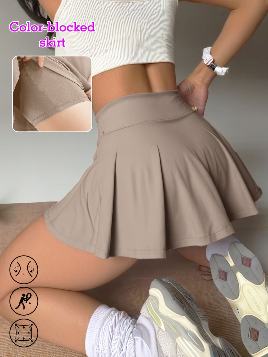 Women's Sports Skirt Colorblocking Design Women's Clothes Anti-glare Stretch Fit High-waisted Belly Lining Suitable for Casual Sports Running - Khaki
