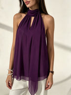 Women's Halter Neck Long Tank Top, Chiffon Material, Tie Ribbon Accent, Sheer, New Spring/Summer Style, Simple and Sexy, A Must-Have for Dates - Purple