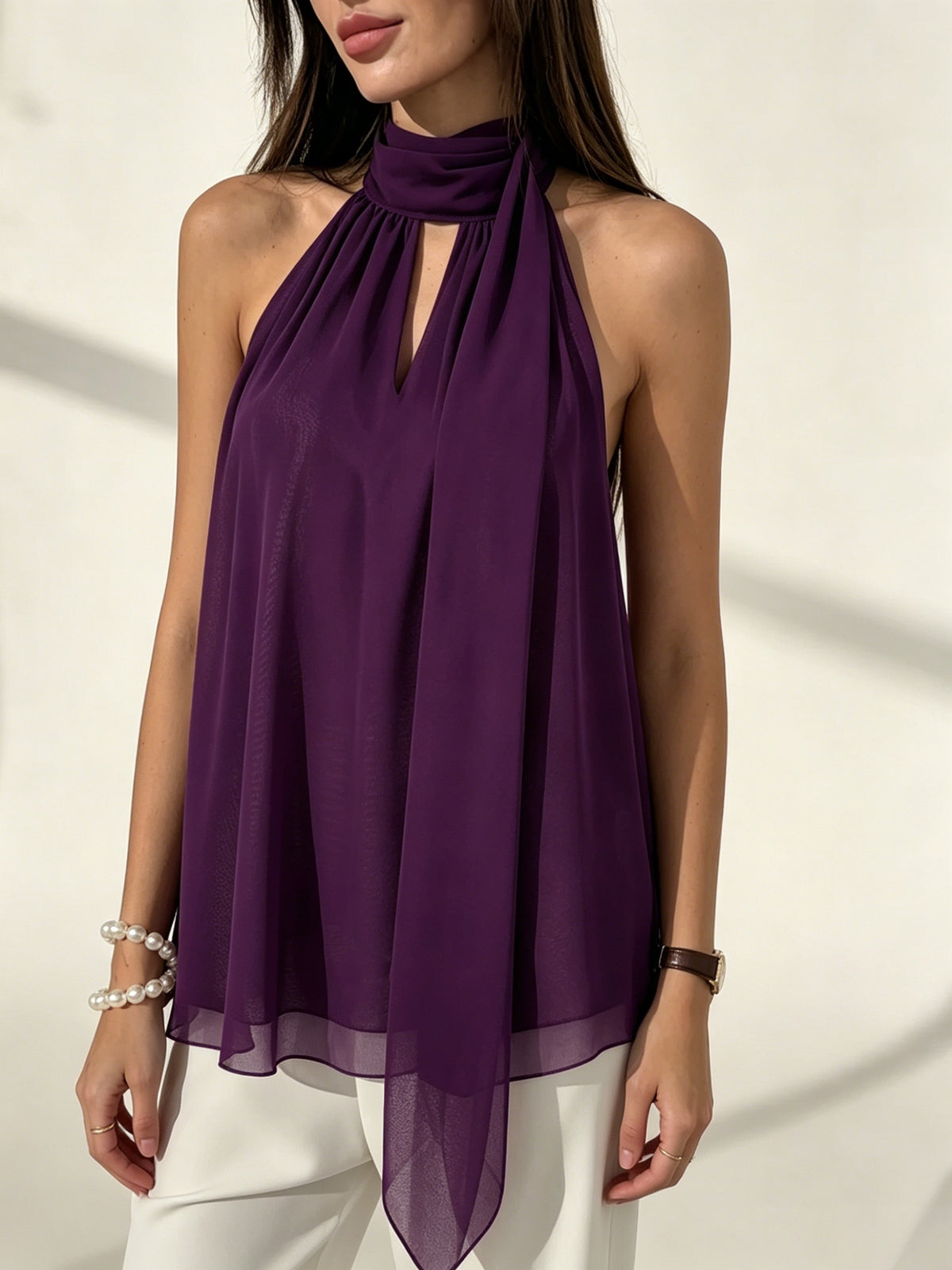 Women's Halter Neck Long Tank Top, Chiffon Material, Tie Ribbon Accent, Sheer, New Spring/Summer Style, Simple and Sexy, A Must-Have for Dates - Purple