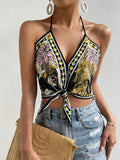 New Women's High-End Vintage Print Halter Neck Strappy Triangle Scarf Tie Short Top, Summer Hot Vibe Waist-Revealing Vest - Multicolor
